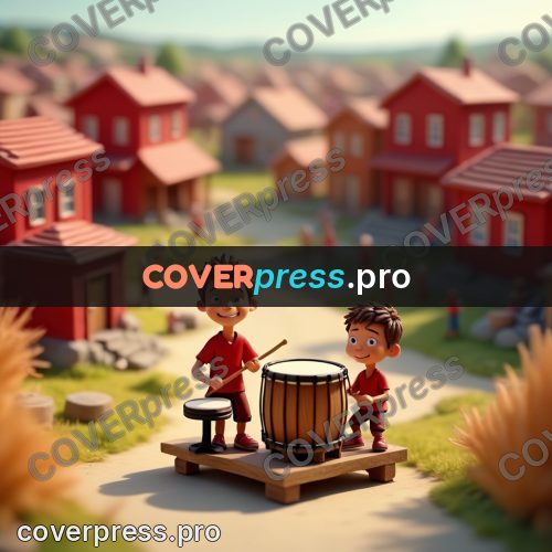 Miniature scene: drummer with drums in a yard