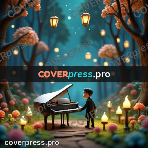 Miniature scene: grand piano in a night forest