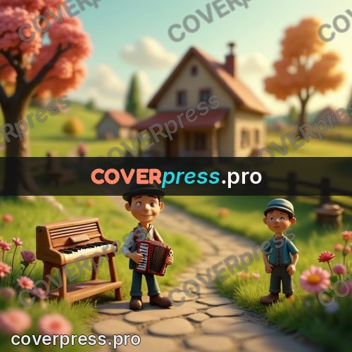 Miniature scene: accordionist by a house