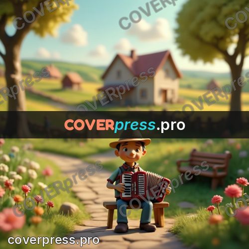 Miniature scene: accordionist by a house