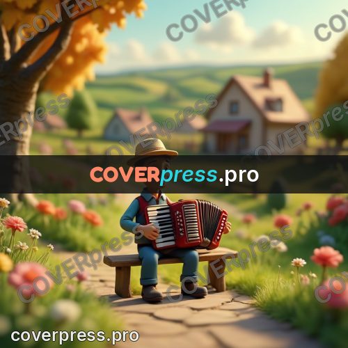 Miniature scene: accordionist by a house