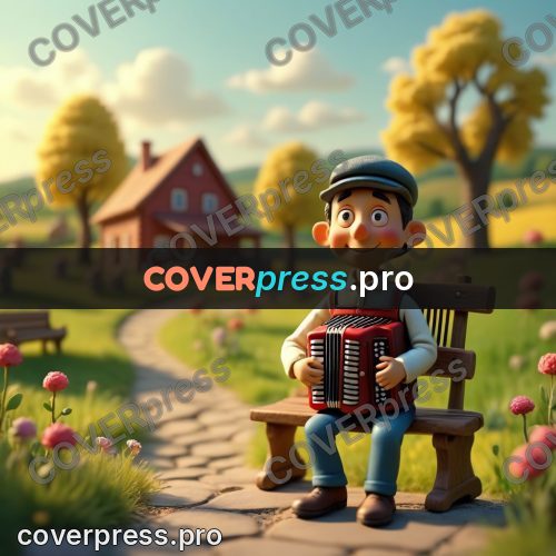 Miniature scene: accordionist by a house
