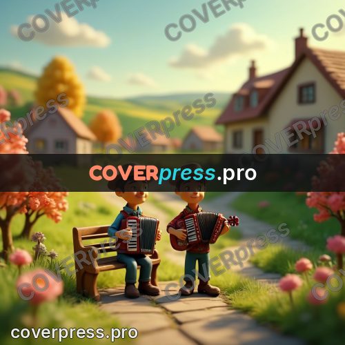 Miniature scene: accordionist by a house