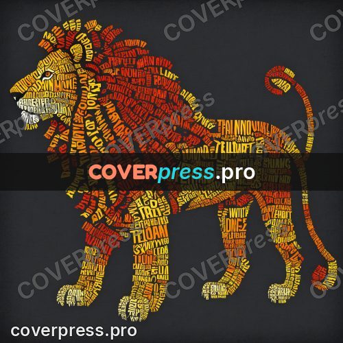 Typographic poster: lion walking in profile
