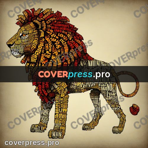 Typographic poster: lion walking in profile
