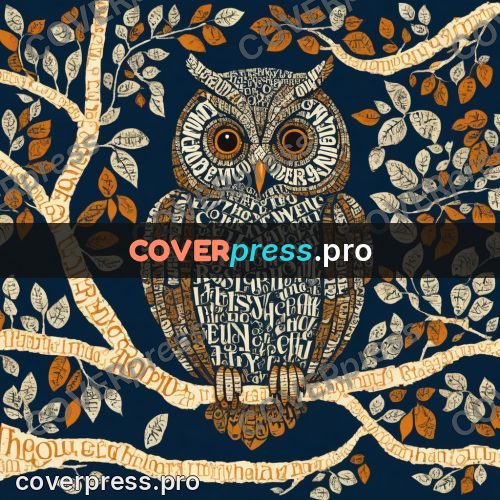 Typographic poster: owl on a branch facing us