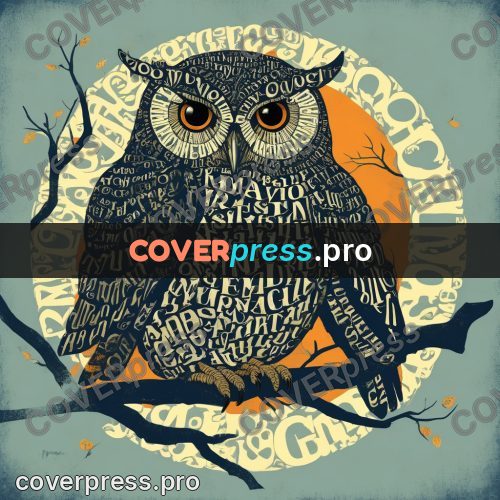 Typographic poster: owl on a branch facing us