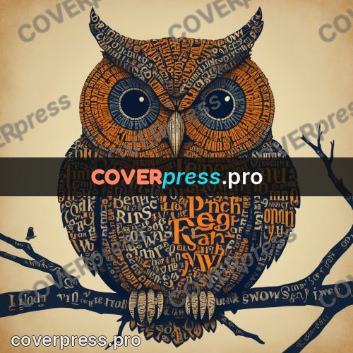 Typographic poster: owl on a branch facing us