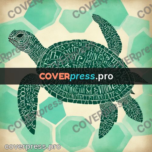 Typographic poster: sea turtle swimming left
