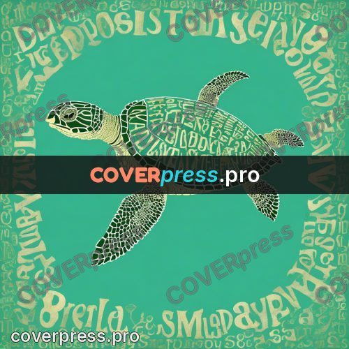 Typographic poster: sea turtle swimming left