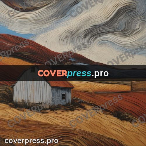 Van Gogh style artwork: barn in a dry field