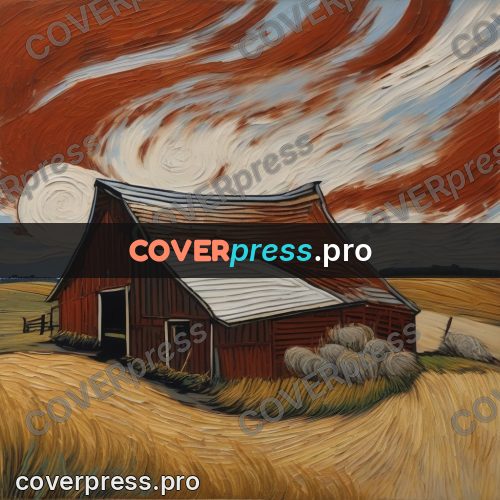 Van Gogh style artwork: barn in a dry field