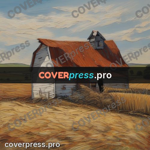 Van Gogh style artwork: barn in a dry field