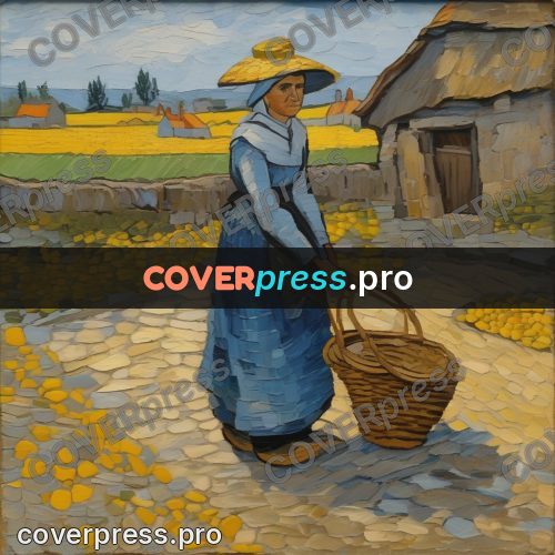 Van Gogh style artwork: woman with a basket by houses