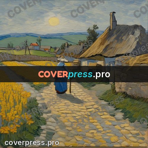 Van Gogh style artwork: woman with a basket by houses