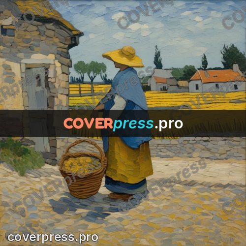 Van Gogh style artwork: woman with a basket by houses