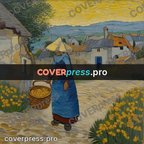 Van Gogh style artwork: woman with a basket by houses