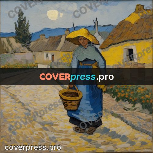 Van Gogh style artwork: woman with a basket by houses