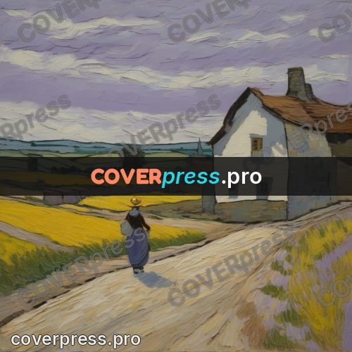 Van Gogh style artwork: road past a house in fields