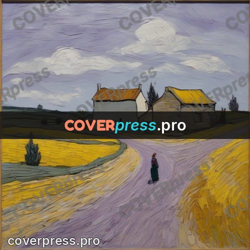 Van Gogh style artwork: road past a house in fields