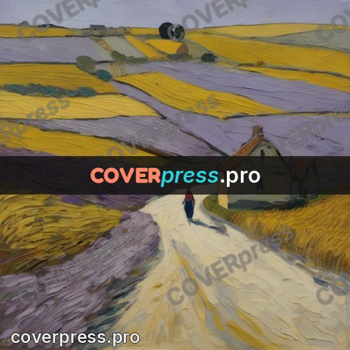 Van Gogh style artwork: road past a house in fields