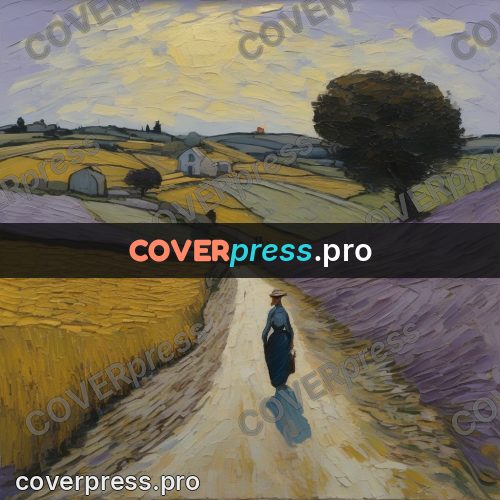 Van Gogh style artwork: road past a house in fields