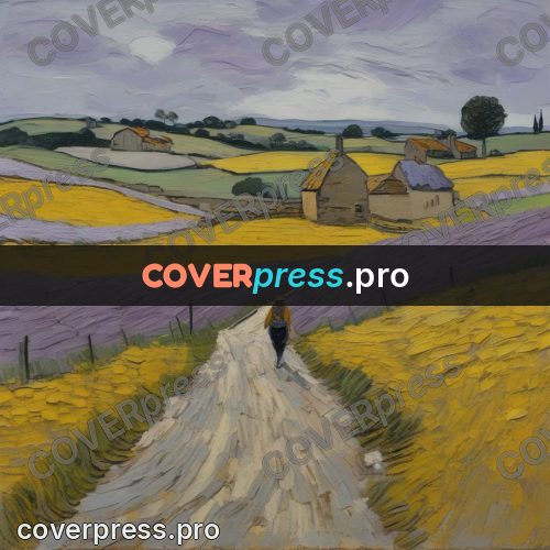 Van Gogh style artwork: road past a house in fields