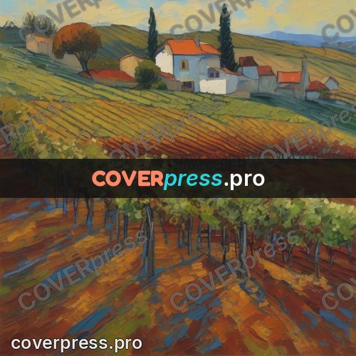 Van Gogh style artwork: vineyard by a village