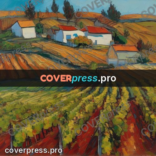Van Gogh style artwork: vineyard by a village