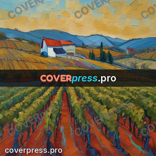 Van Gogh style artwork: vineyard by a village