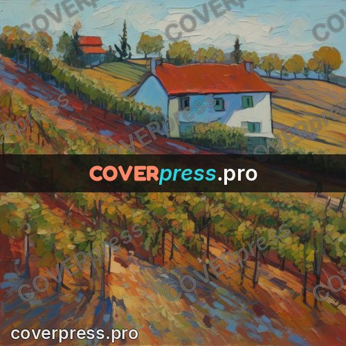 Van Gogh style artwork: vineyard by a village
