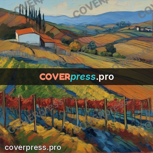 Van Gogh style artwork: vineyard by a village
