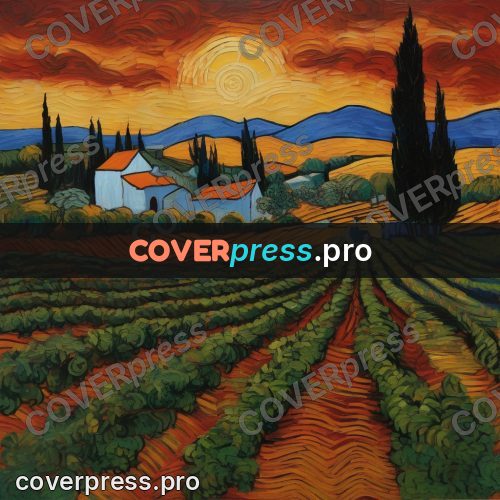 Van Gogh style artwork: vineyard at sunset