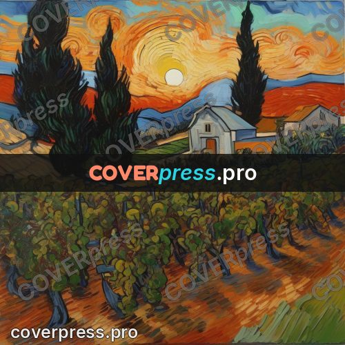 Van Gogh style artwork: vineyard at sunset