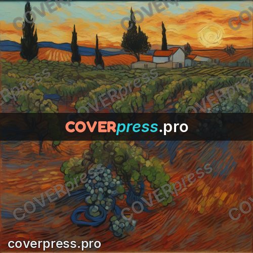 Van Gogh style artwork: vineyard at sunset