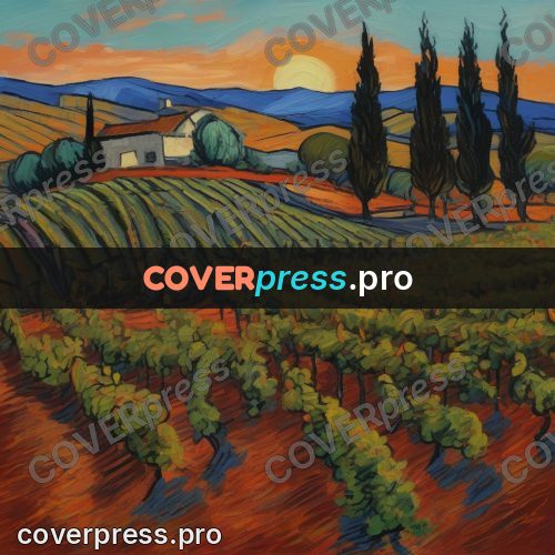 Van Gogh style artwork: vineyard at sunset