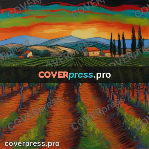 Van Gogh style artwork: vineyard at sunset