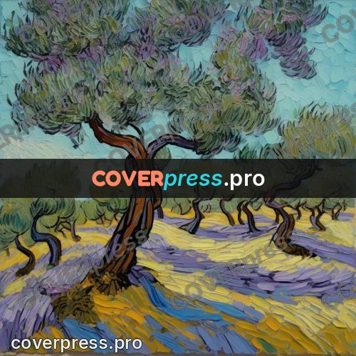 Van Gogh style artwork: olive trees on violet ground