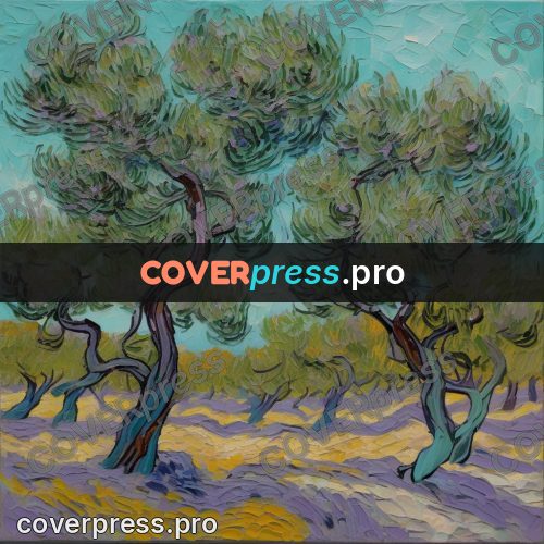 Van Gogh style artwork: olive trees on violet ground