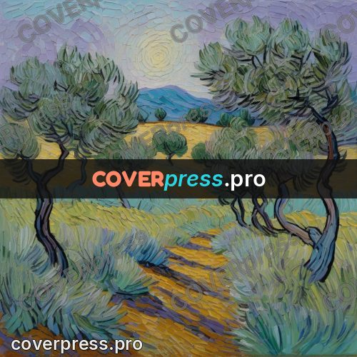 Van Gogh style artwork: olive trees on violet ground