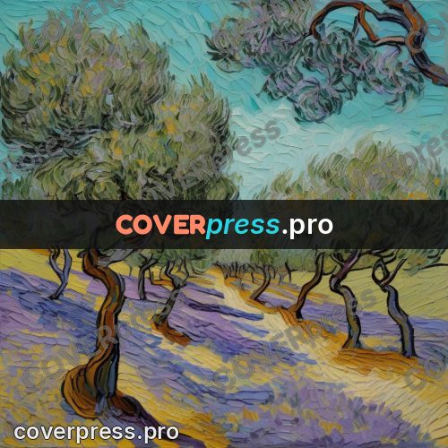 Van Gogh style artwork: olive trees on violet ground