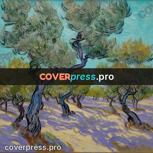 Van Gogh style artwork: olive trees on violet ground