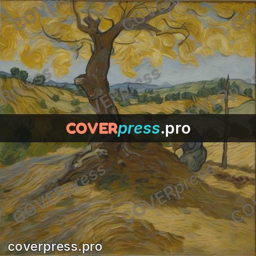 Van Gogh style artwork: old tree in a field