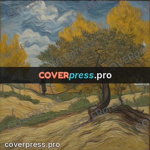 Van Gogh style artwork: old tree in a field