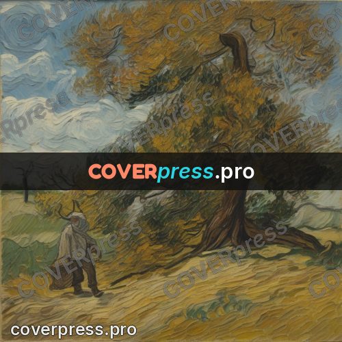 Van Gogh style artwork: old tree in a field