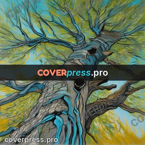 Van Gogh style artwork: twisted trunk of an old tree