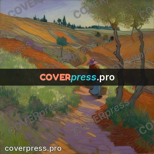 Van Gogh style artwork: woman on a path in fields