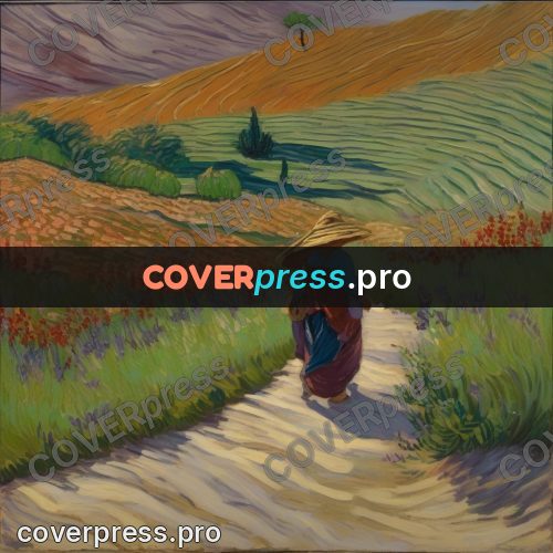 Van Gogh style artwork: woman on a path in fields