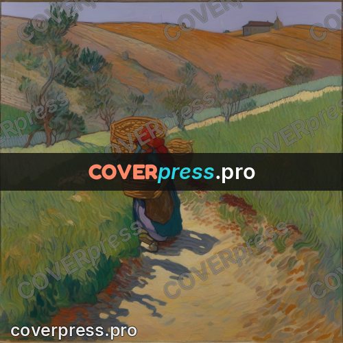 Van Gogh style artwork: woman on a path in fields