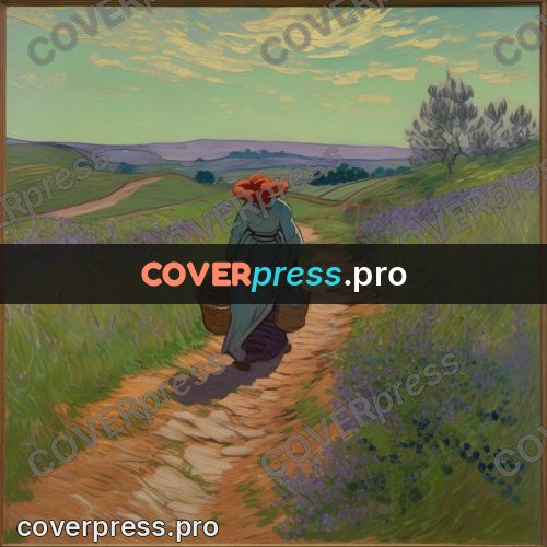 Van Gogh style artwork: woman on a path in fields